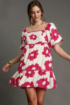Umgee Contrast Floral Short Sleeve Mini Dress Plus Size