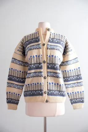 Vintage 1950's Blue & Ivory Nordic Wool Cardigan Sweater / L