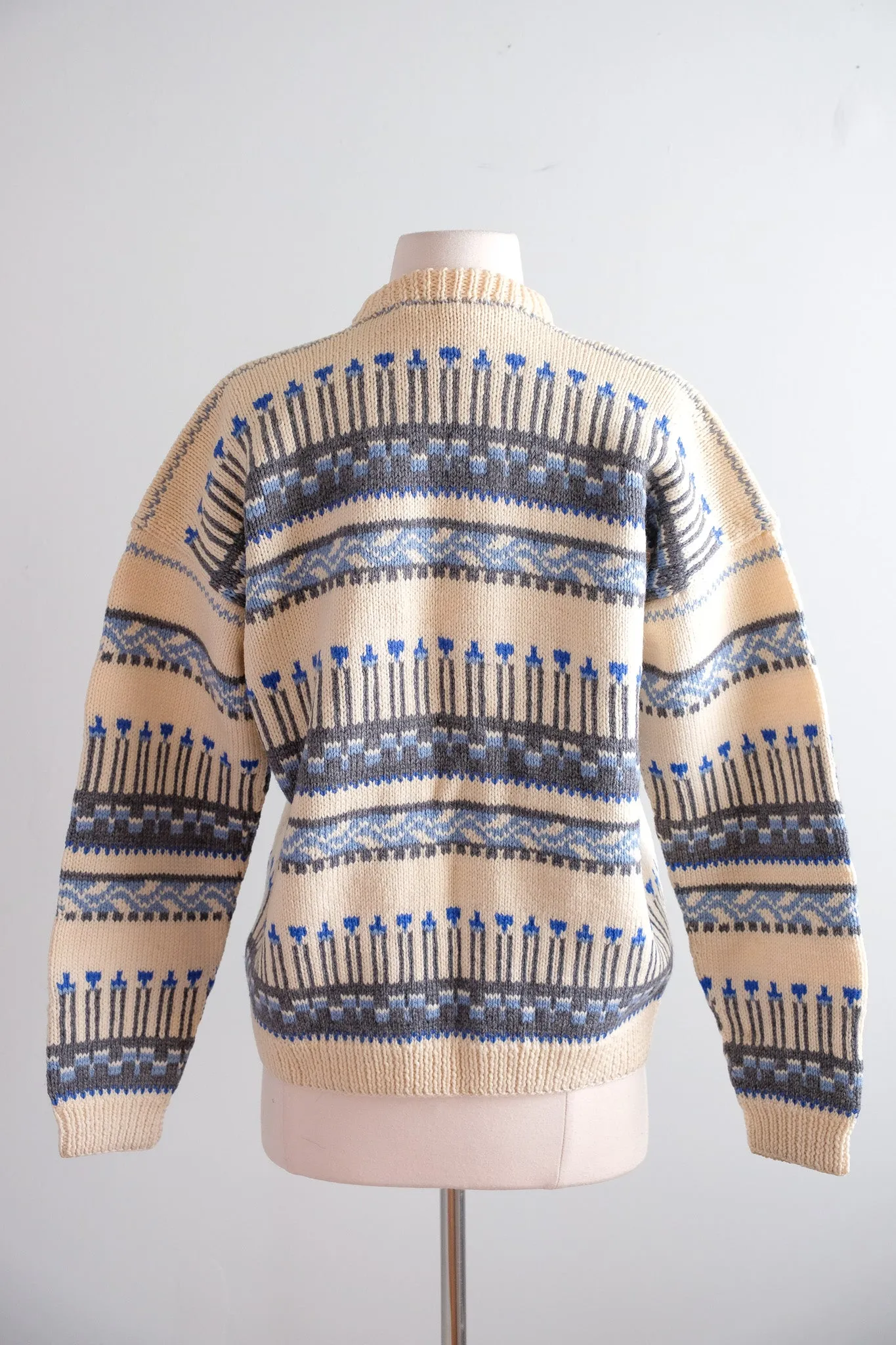 Vintage 1950's Blue & Ivory Nordic Wool Cardigan Sweater / L