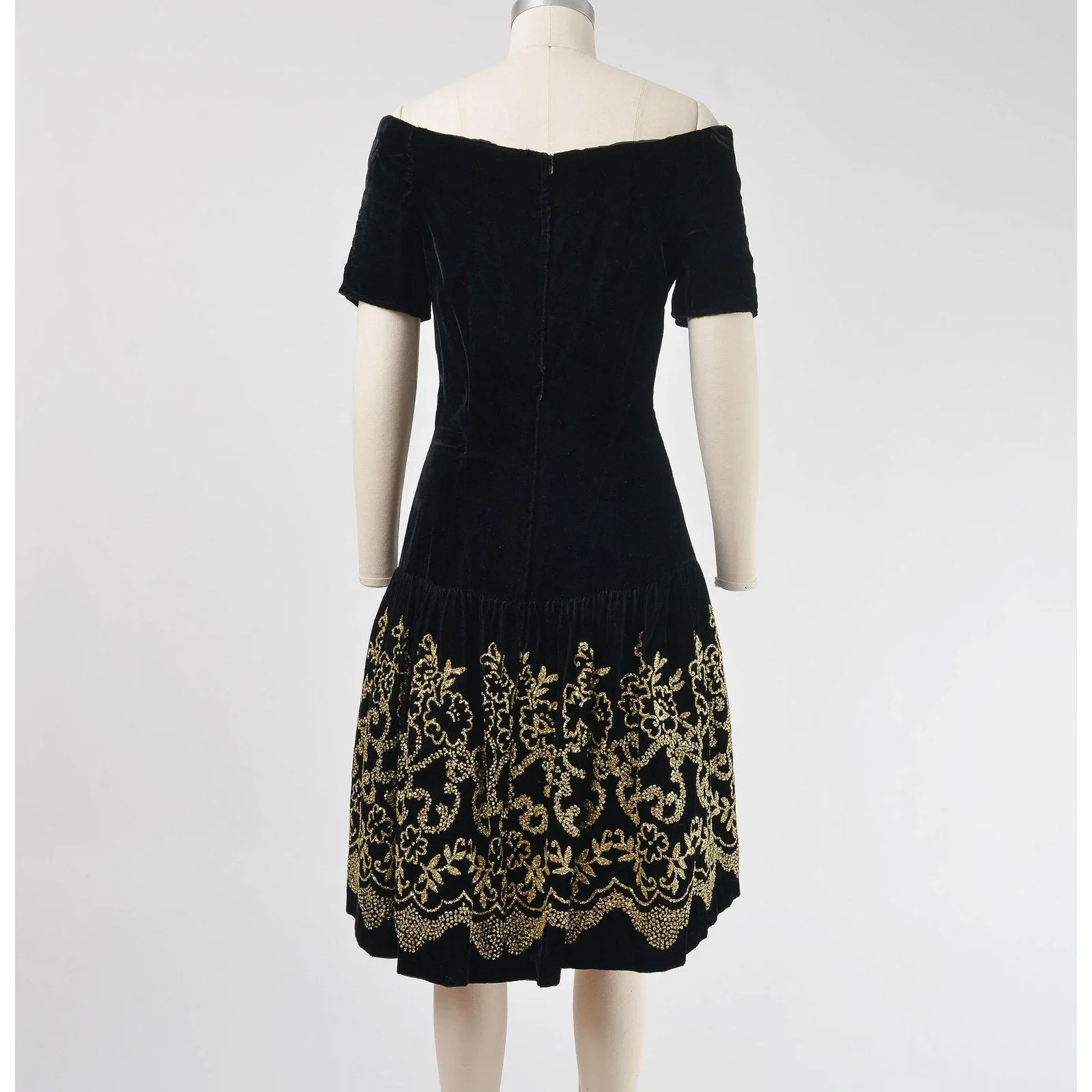 Vintage 80s Black Velvet Party Dress | Scott McClintock Off Shoulder Drop Waist Dress Metallic Gold Glitter Floral Dress size S M