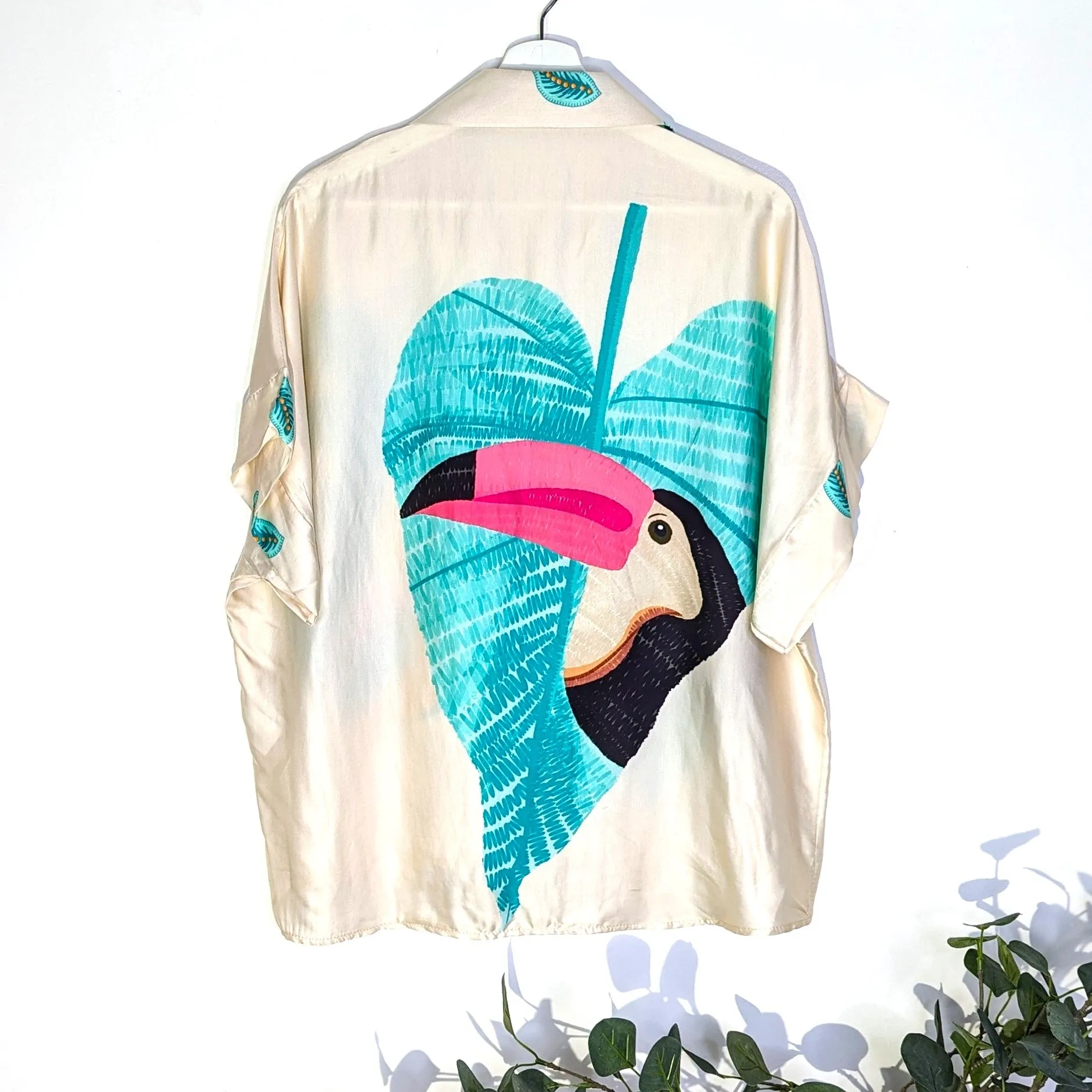 Viscose silk mix toucan and parrot print boxy button down shirt