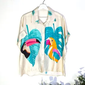 Viscose silk mix toucan and parrot print boxy button down shirt