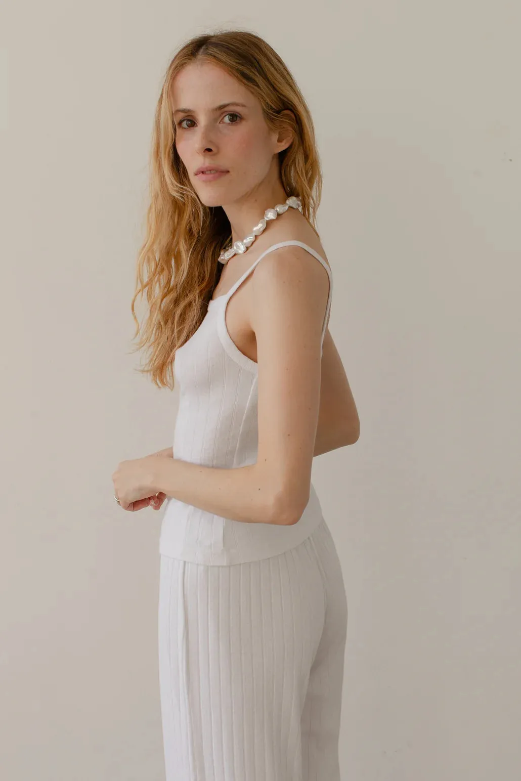 White Pointelle Square Neck Tank
