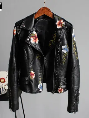 Wild Rose's Floral Print Embroidery Faux Soft Leather Motorcycle Jacket