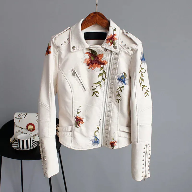Wild Rose's Floral Print Embroidery Faux Soft Leather Motorcycle Jacket