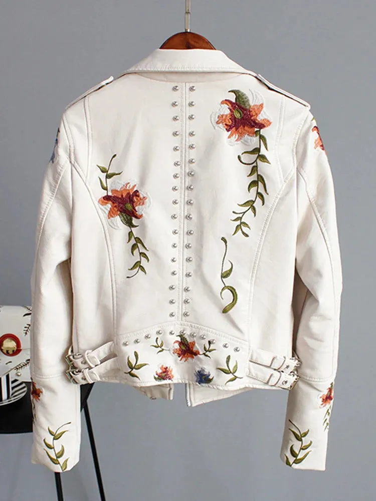 Wild Rose's Floral Print Embroidery Faux Soft Leather Motorcycle Jacket