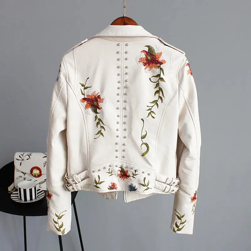 Wild Rose's Floral Print Embroidery Faux Soft Leather Motorcycle Jacket