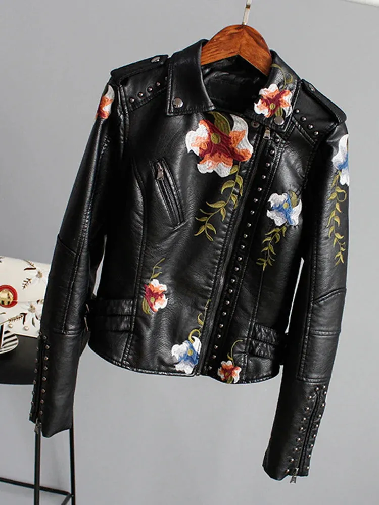 Wild Rose's Floral Print Embroidery Faux Soft Leather Motorcycle Jacket