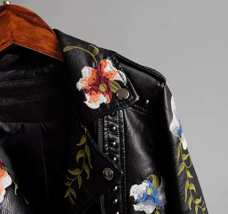 Wild Rose's Floral Print Embroidery Faux Soft Leather Motorcycle Jacket