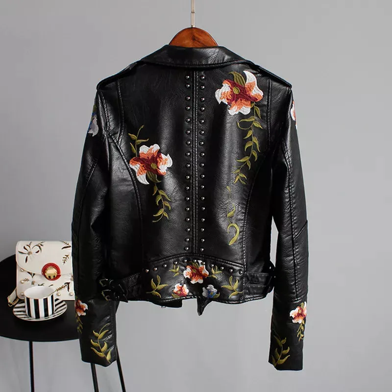 Wild Rose's Floral Print Embroidery Faux Soft Leather Motorcycle Jacket