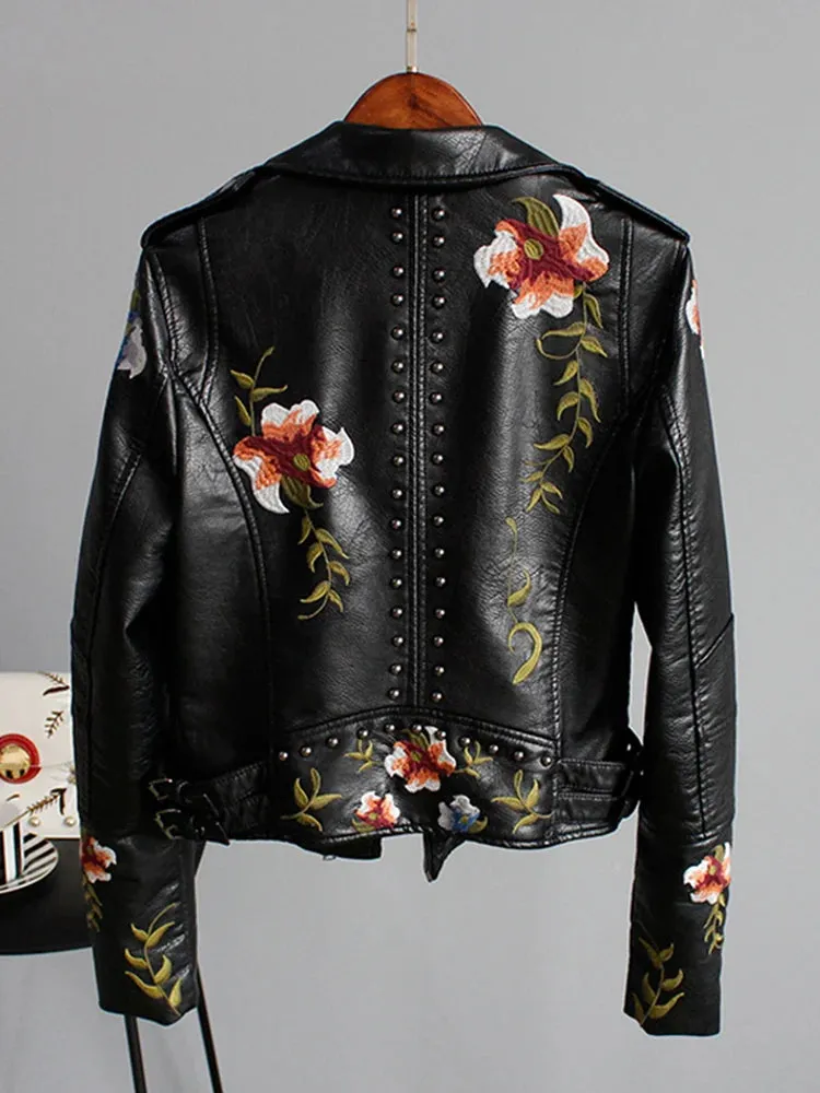 Wild Rose's Floral Print Embroidery Faux Soft Leather Motorcycle Jacket