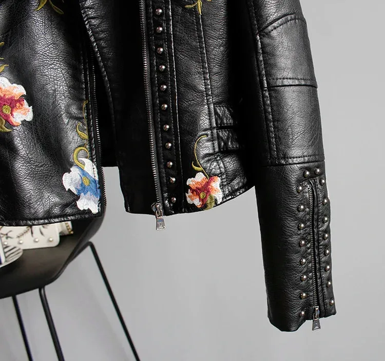 Wild Rose's Floral Print Embroidery Faux Soft Leather Motorcycle Jacket