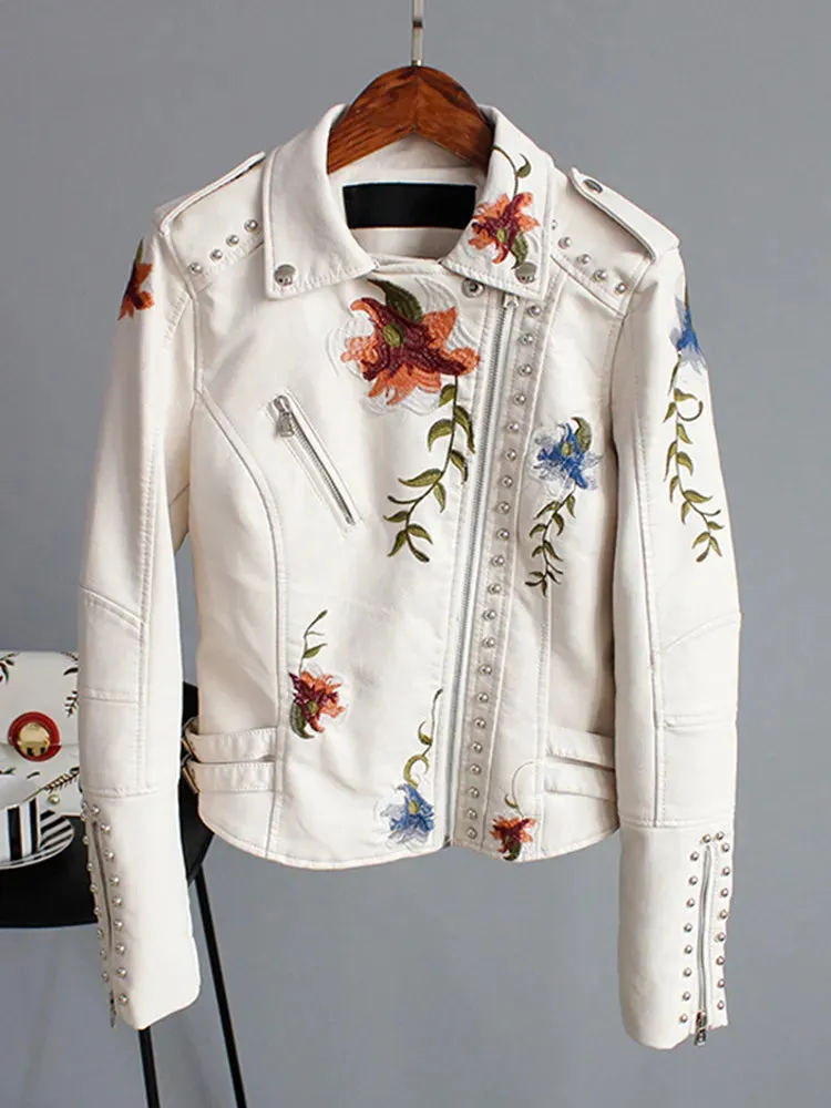 Wild Rose's Floral Print Embroidery Faux Soft Leather Motorcycle Jacket