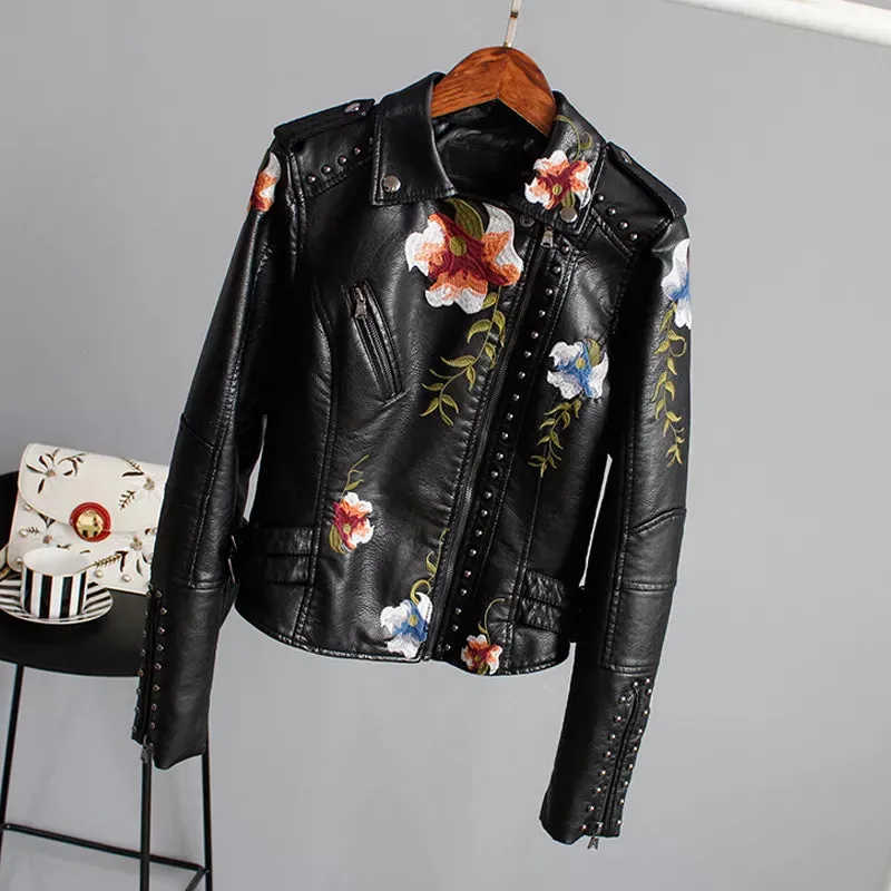 Wild Rose's Floral Print Embroidery Faux Soft Leather Motorcycle Jacket