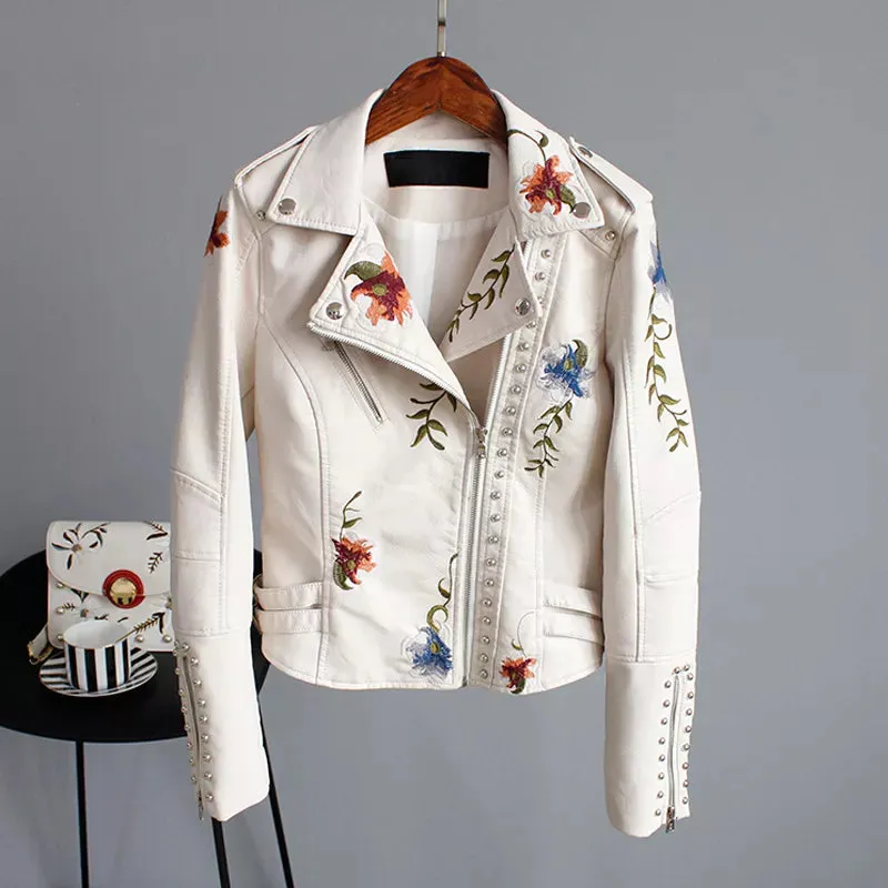 Wild Rose's Floral Print Embroidery Faux Soft Leather Motorcycle Jacket
