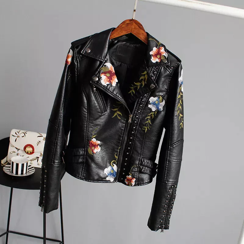 Wild Rose's Floral Print Embroidery Faux Soft Leather Motorcycle Jacket