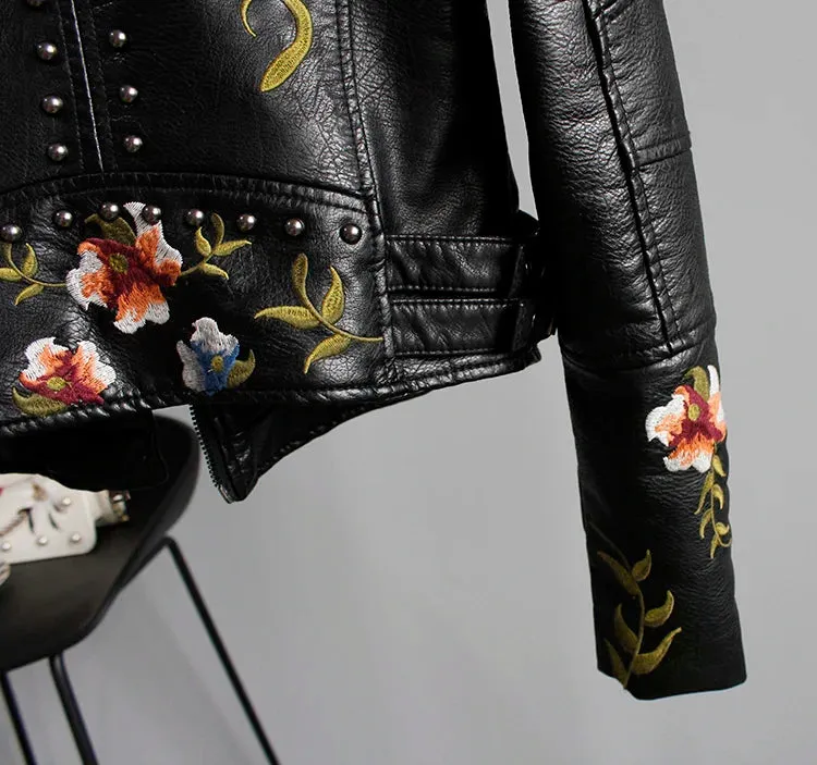 Wild Rose's Floral Print Embroidery Faux Soft Leather Motorcycle Jacket