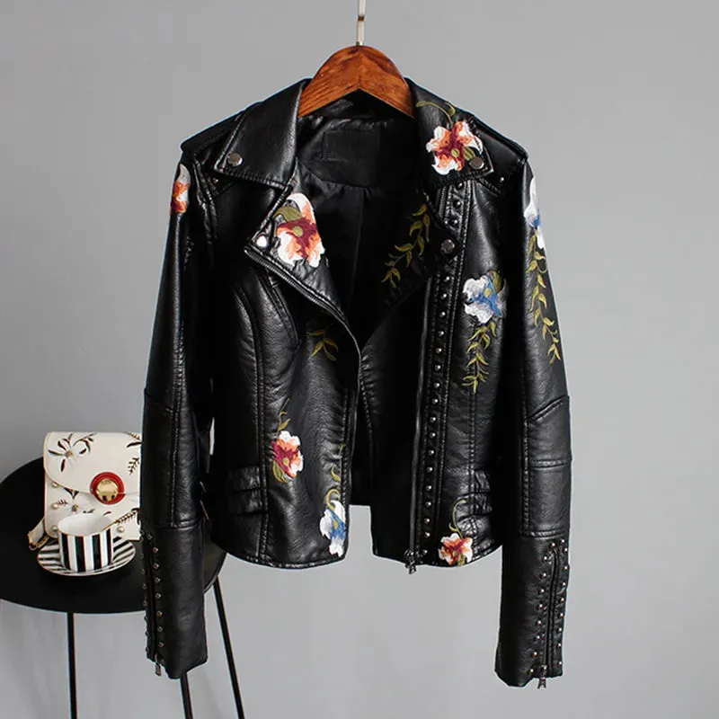 Wild Rose's Floral Print Embroidery Faux Soft Leather Motorcycle Jacket