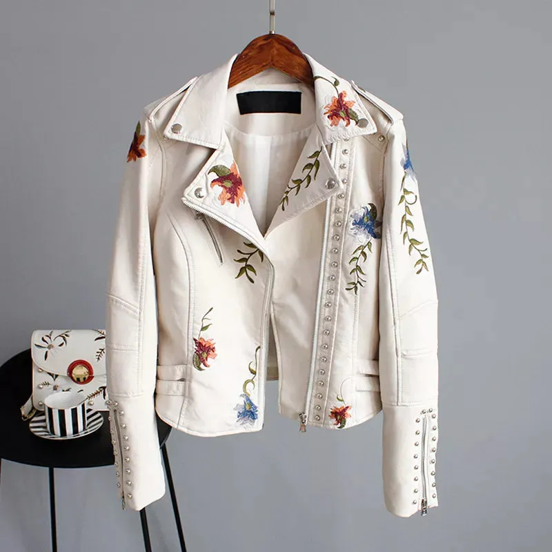 Wild Rose's Floral Print Embroidery Faux Soft Leather Motorcycle Jacket