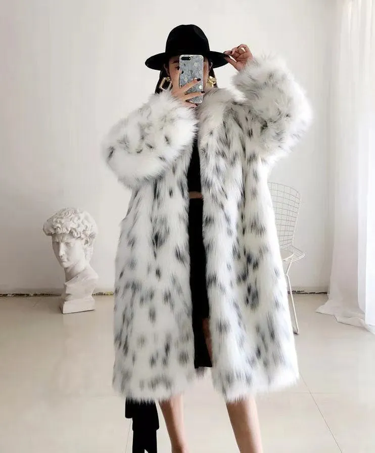 Women Winter New Faux Fox Fur Coats Ladies Casual Snow Leopard Print Fur Jackets Female Thick Warm Mid-long Plush Outerwear