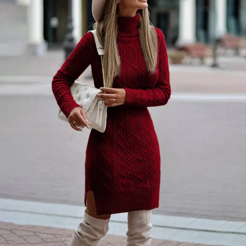 Women's Turtleneck Knit Sweater Dress with Side Slit