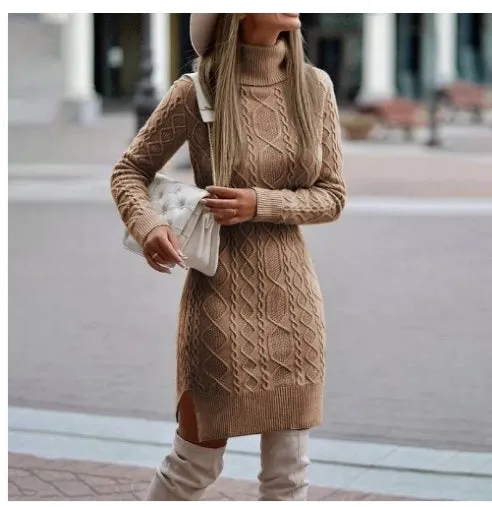 Women's Turtleneck Knit Sweater Dress with Side Slit