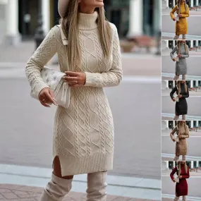 Women's Turtleneck Knit Sweater Dress with Side Slit