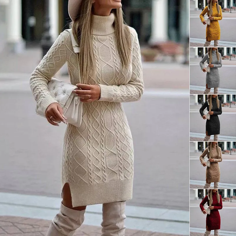 Women's Turtleneck Knit Sweater Dress with Side Slit