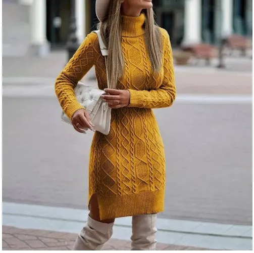 Women's Turtleneck Knit Sweater Dress with Side Slit