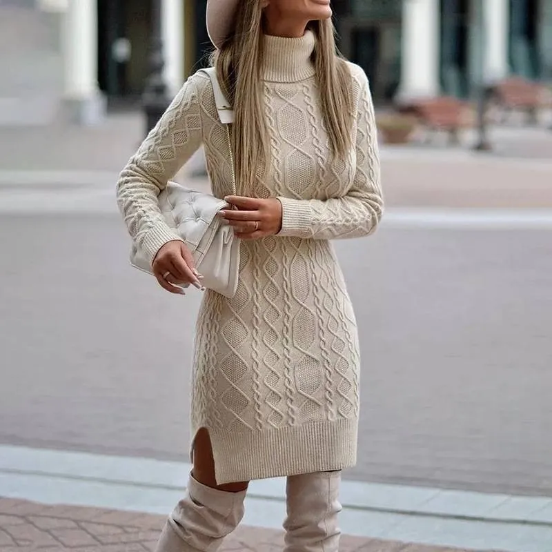 Women's Turtleneck Knit Sweater Dress with Side Slit