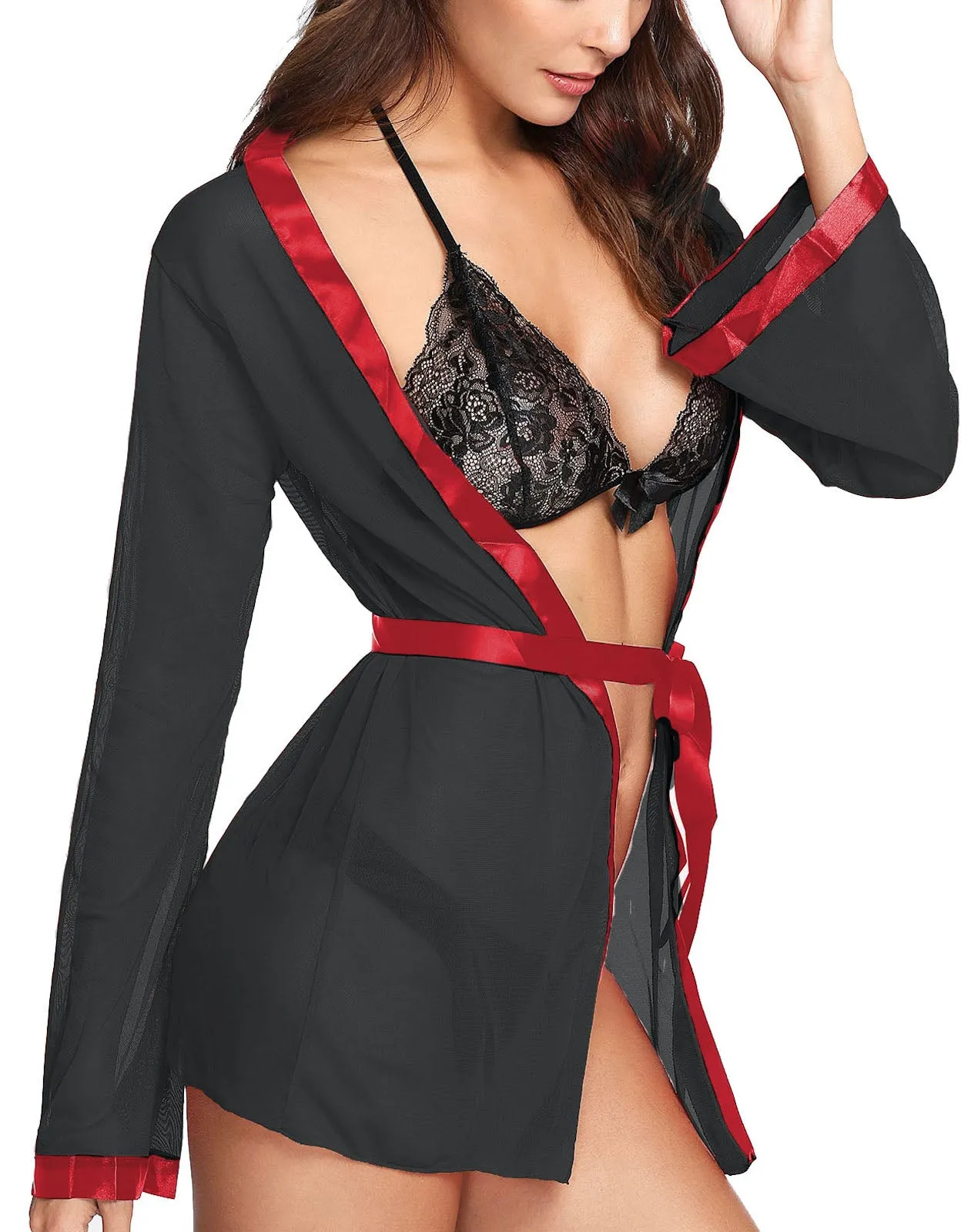 Xs and Os Women Babydoll Nightwear Sheer Robe with Lace Bra and Panty