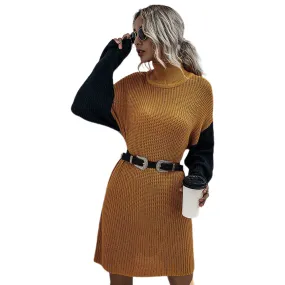 YESFASHION Long Sleeve Knitted Slim Fit Colorblock Sweater Dress